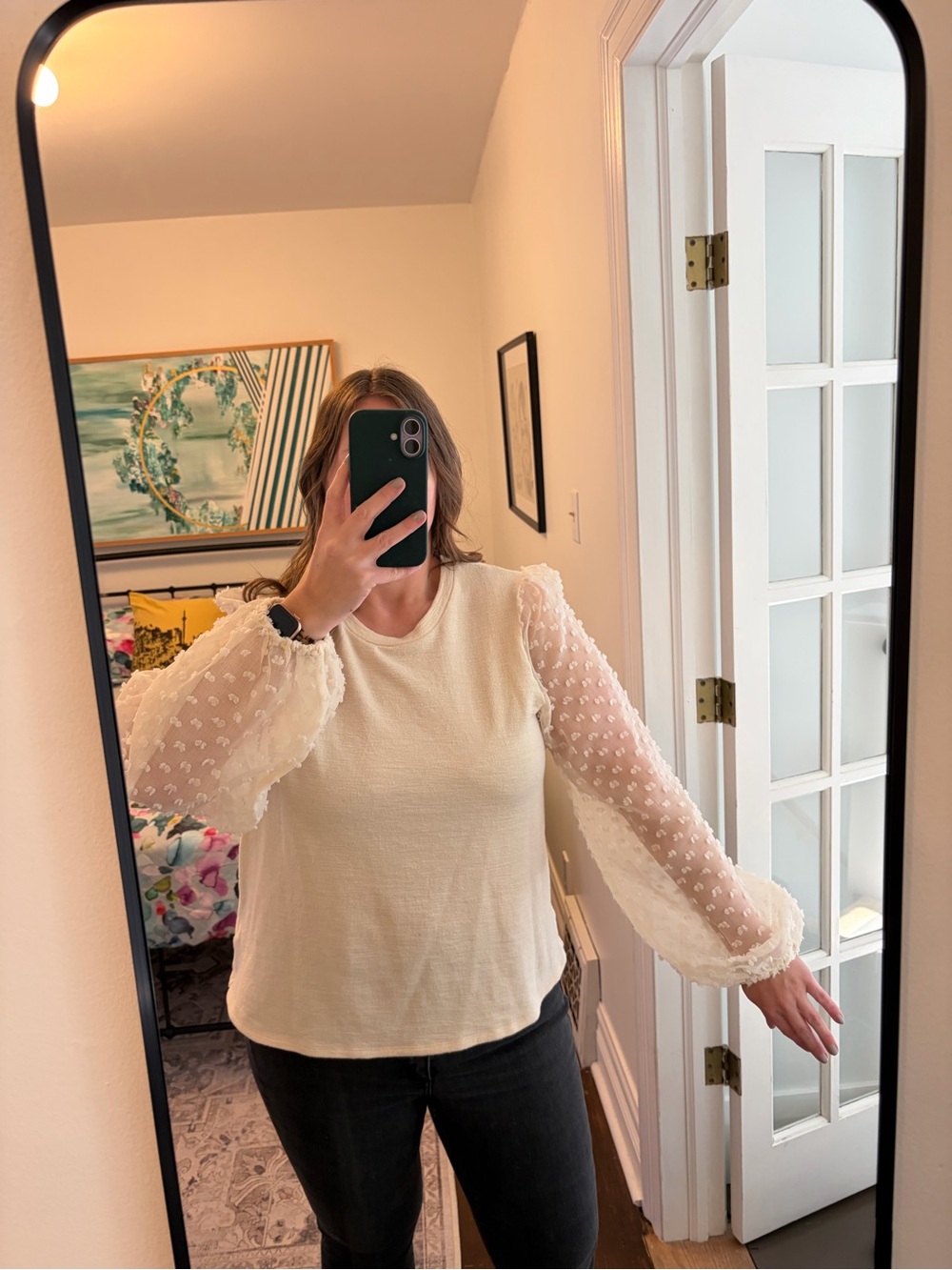 Anthropologie Cream Puff-Sleeve Sheer Dot Blouse